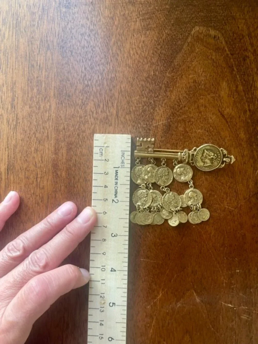 Vintage Rare Corocraft Gold Tone Faux Ancient Coin Dangle Key Statement Brooch